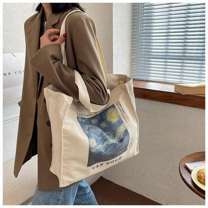 Cyflymder Retro Literary Art Canvas Bag Blue Letter Handbag Van Gogh Large Capacity Shopping Bag Women's Eco-Friendly Foldable Tote Bag