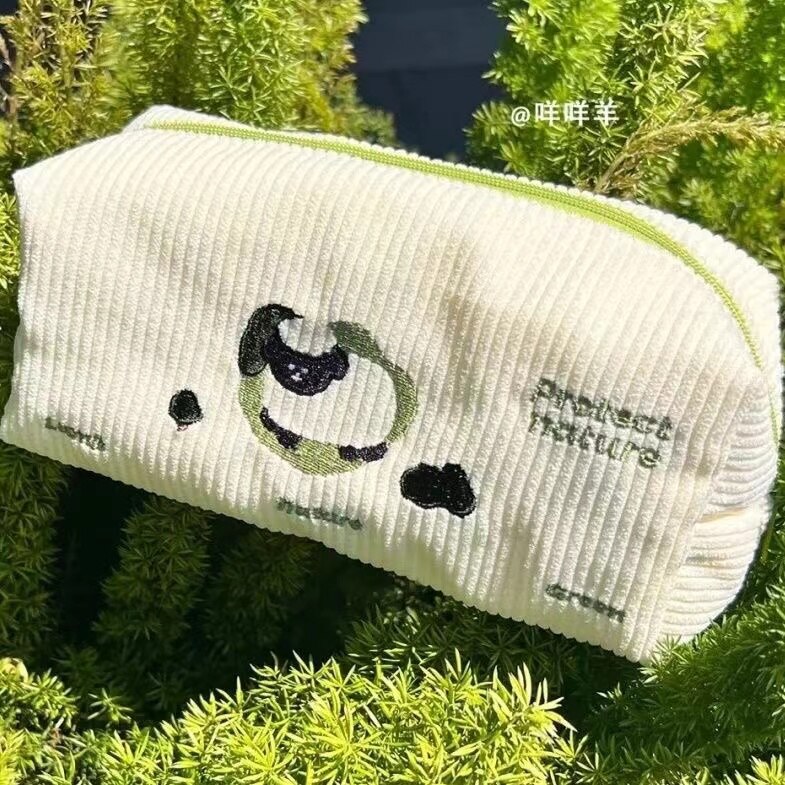 Realaiot Cartoon Cute Sheep Earth Canvas Pencil Case Kawaii Portable Student Stationery School Supplies Back To School Pen Bag Pouch