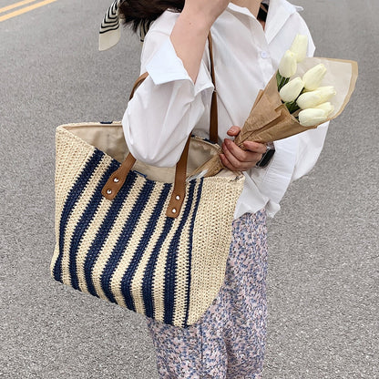 Realaiot Summer Straw Woven Top-Handle Handbags Casual Large Capacity Women Shoulder Bags Shopping Bags Beach Vacation Female Totes Bags