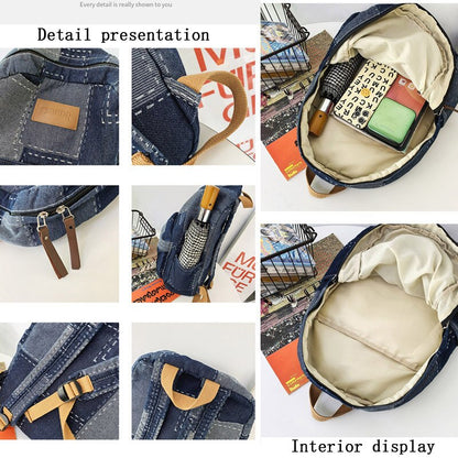 Cyflymder New Women Denim Vintage College Backpack Lady Leisure Retro Trendy Female Patchwork Book Bag Fashion Girl Cute Travel School Bag