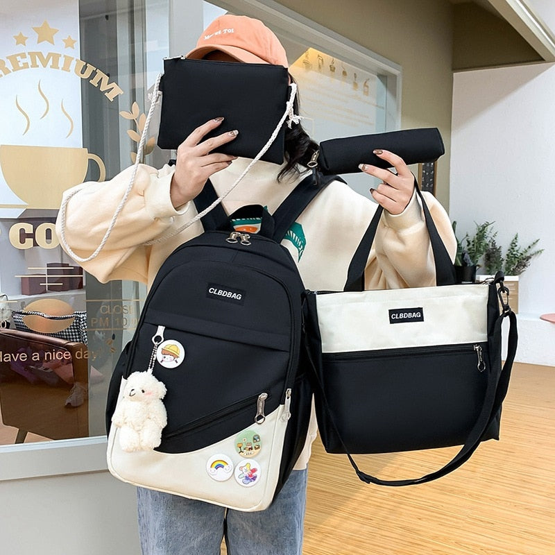 Realaiot 4 Pcs Sets Canvas Schoolbags For Teenager Girls Women Backpack Contrast Color Kawaii Women Laptop Backpack Student Kids Rucksack