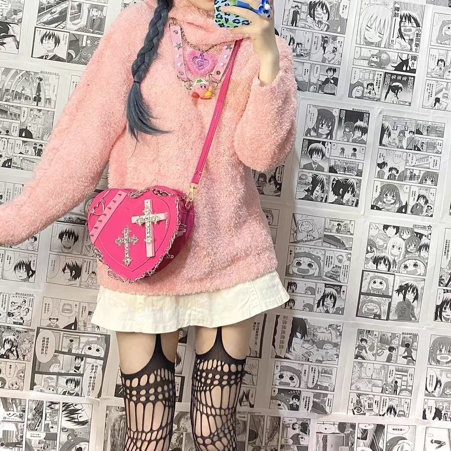 Realaiot Japanese Gothic Shoulder Bag Female Harajuku Y2K Kawaii Heart Lolita Crossbody Bag For Women Punk Rivet Cross Cute Purse