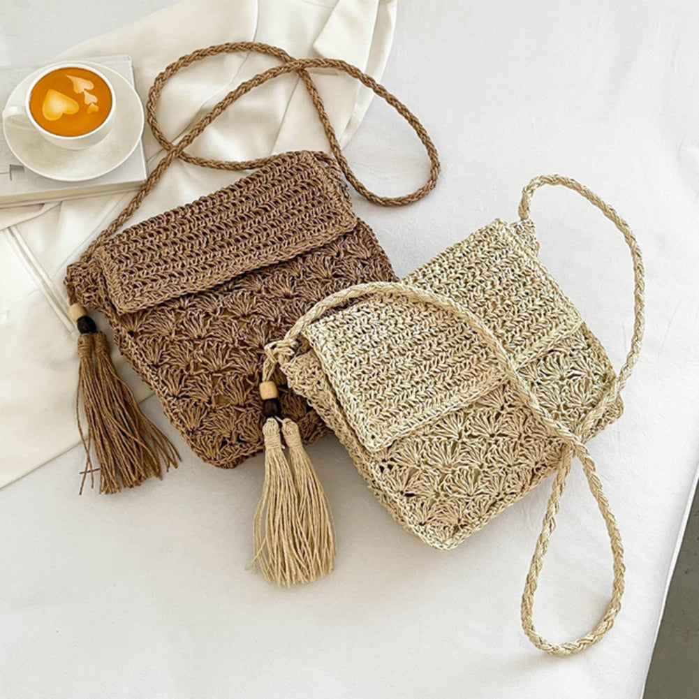 Realaiot Summer Beach Straw Bag Design Women Shoulder Bag Straw Messenger Crossbody Bag Raffia Hollow Woven Handbag Phone Purse Vacation