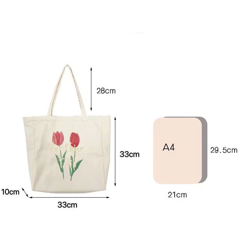 Realaiot Women Canvas Large Capacity Cotton Reusable Shoulder Bag Tulips Printing Ladies Casual Handbag Tote Bag Shopping Beach Bag