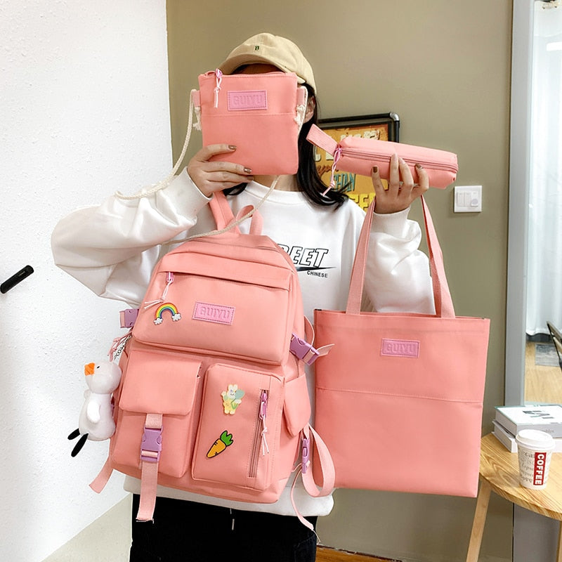 Realaiot 4pcs Set Harajuku Women's Backpack Waterproof Canvas School Bags Large Capacity Student Backpack Bookbag Pure Color Mochila Tote