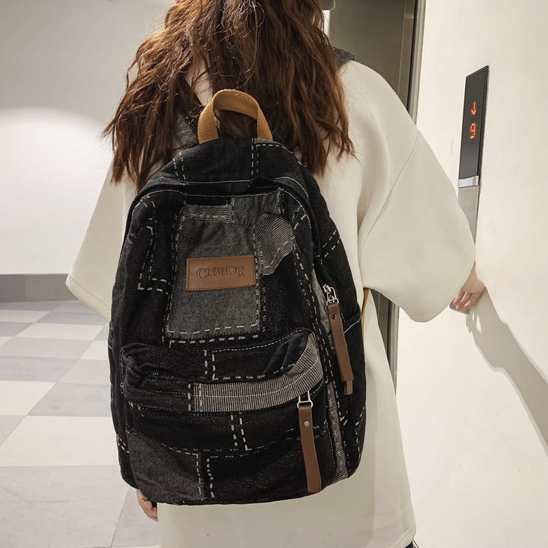 Cyflymder New Women Denim Vintage College Backpack Lady Leisure Retro Trendy Female Patchwork Book Bag Fashion Girl Cute Travel School Bag