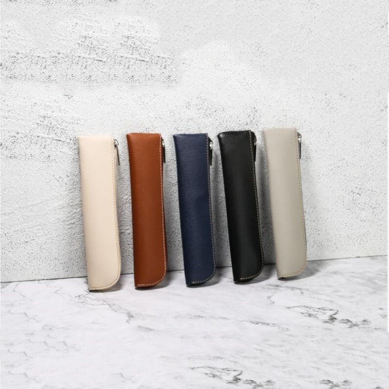 Realaiot Simple Pen Sleeve PU Leather Mini Small Pen Bag Zipper Pencil Pouch Stationery Fountain Pen Holder Case Student School Supplies
