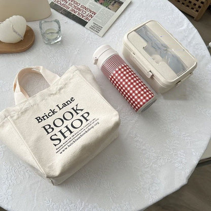 Cyflymder New Canvas Lunch Bag Book Shop Print Lunch Box Picnic Tote Small Handbag Cotton Cloth Reusable Food Storage Bags For Office Lady