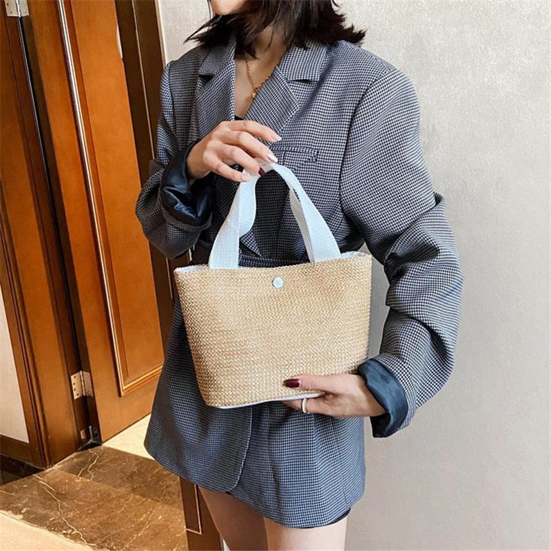 Realaiot Elegant Ladies Straw Woven Handbag Women Holiday Beach Casual Tote Top-Handle Bags Fashion Retro Shoulder Bags