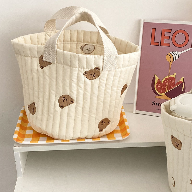 Realaiot Bear Embroidery Women Lunch Bag Soft Canvas Quilting Design Food Storage Bucket Handbag Makeup Cosmetic Organizer Small Tote