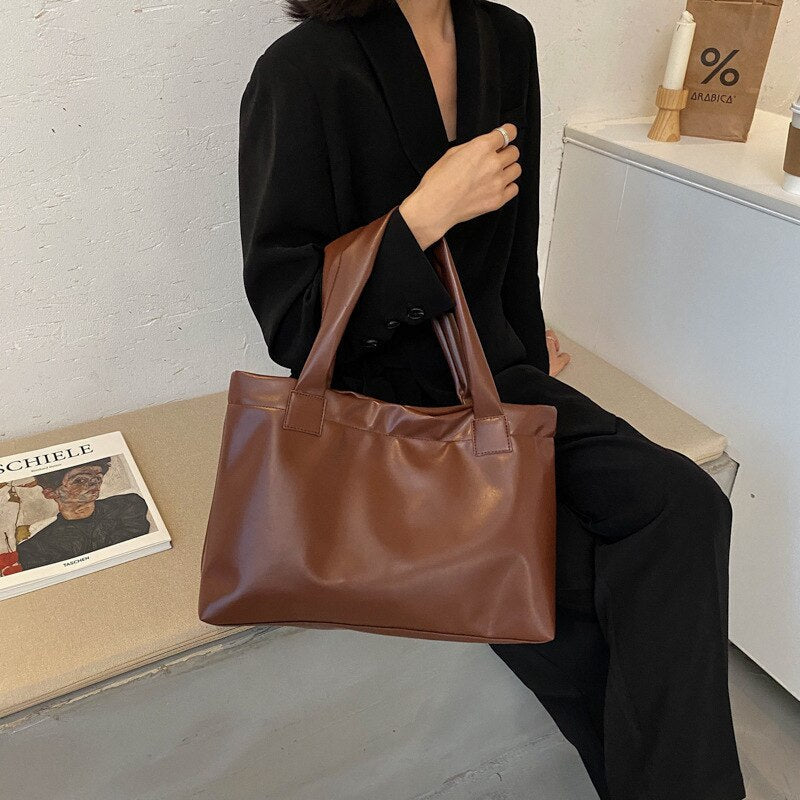 Realaiot Fashion Solid Color Women Large Capacity Underarm Shoulder Handbags Totes Simple Casual PU Leather Female Dialy Shoulder Bags