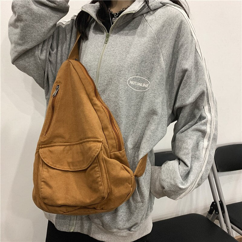 Realaiot Canvas Chest Bag Women Women Shoulder Messenger Bag Unisex Canvas Crossbody Bag Muliti Pocket Casual Women Bag