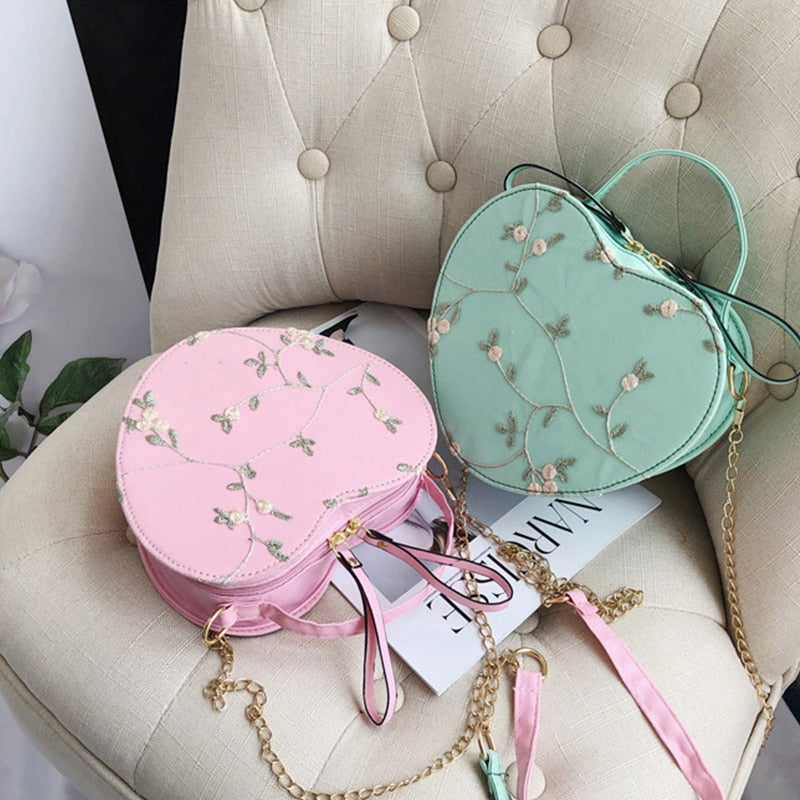 Realaiot Female Sweet Lace Heart Round Handbags High Quality PU Leather Cross Body Bags for Women Small Fresh Flower Chain Shoulder Bags