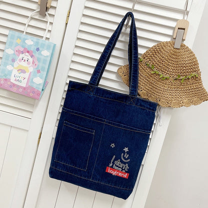 Realaiot Vintage Denim Splicing Shoulder Bag Fashion Student Class Bags Casual Large Capacity Canvas Tote Underarm Bag