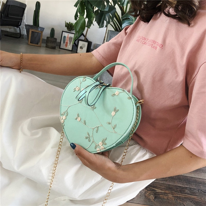 Realaiot Female Sweet Lace Heart Round Handbags High Quality PU Leather Cross Body Bags for Women Small Fresh Flower Chain Shoulder Bags