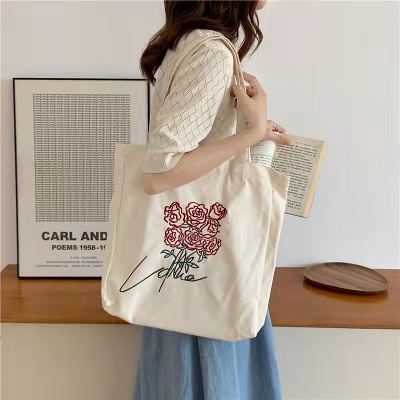 Realaiot Women Canvas Shoulder Bag Rose Printing Ladies Casual Handbag Tote Bag Large Capacity Cotton Reusable Shopping Beach Bag