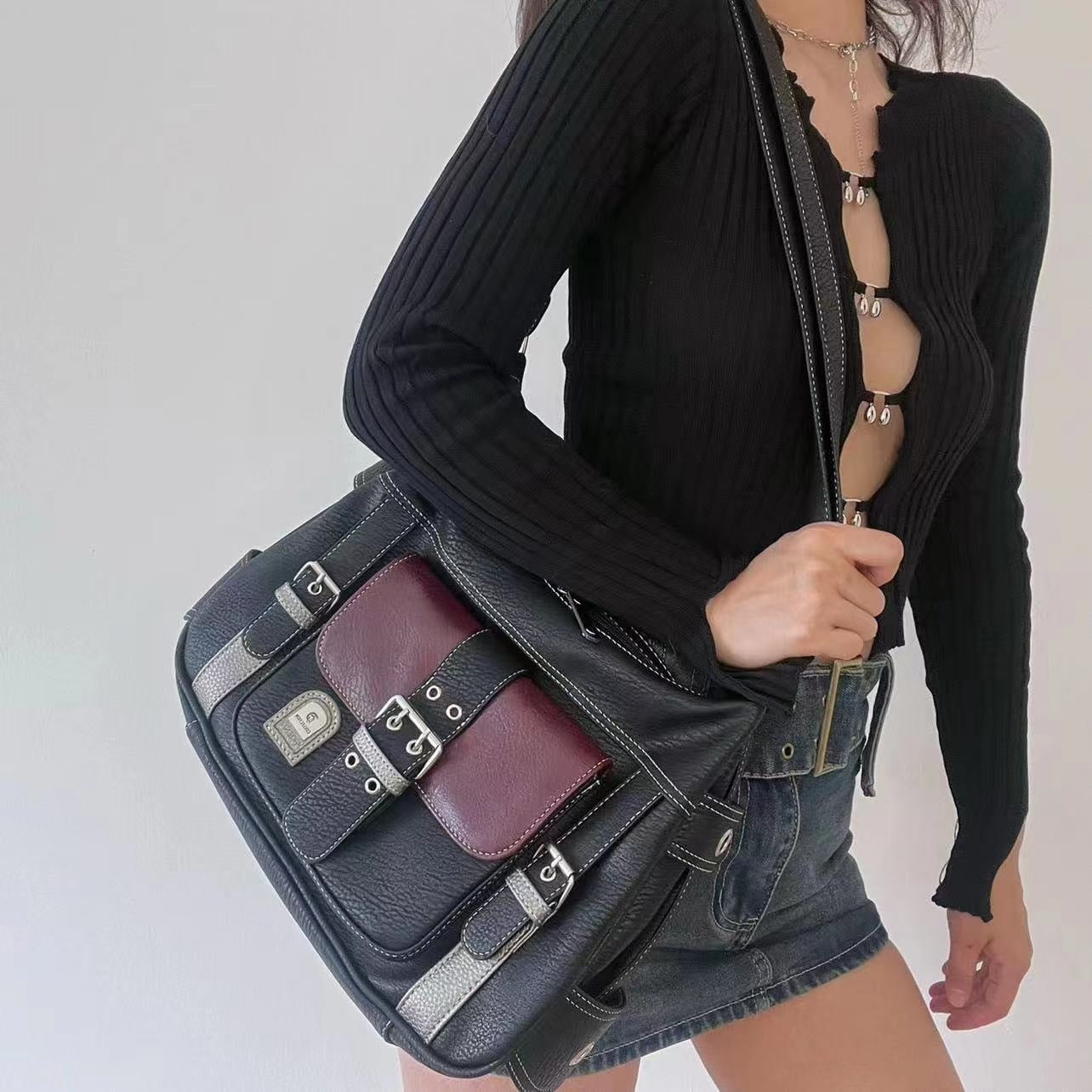 Realaiot Vintage High Quality PU Leather Shoulder Bag tote Women's Hip hop Messenger Bag Large Capacity Handbag Commuter Bag Female