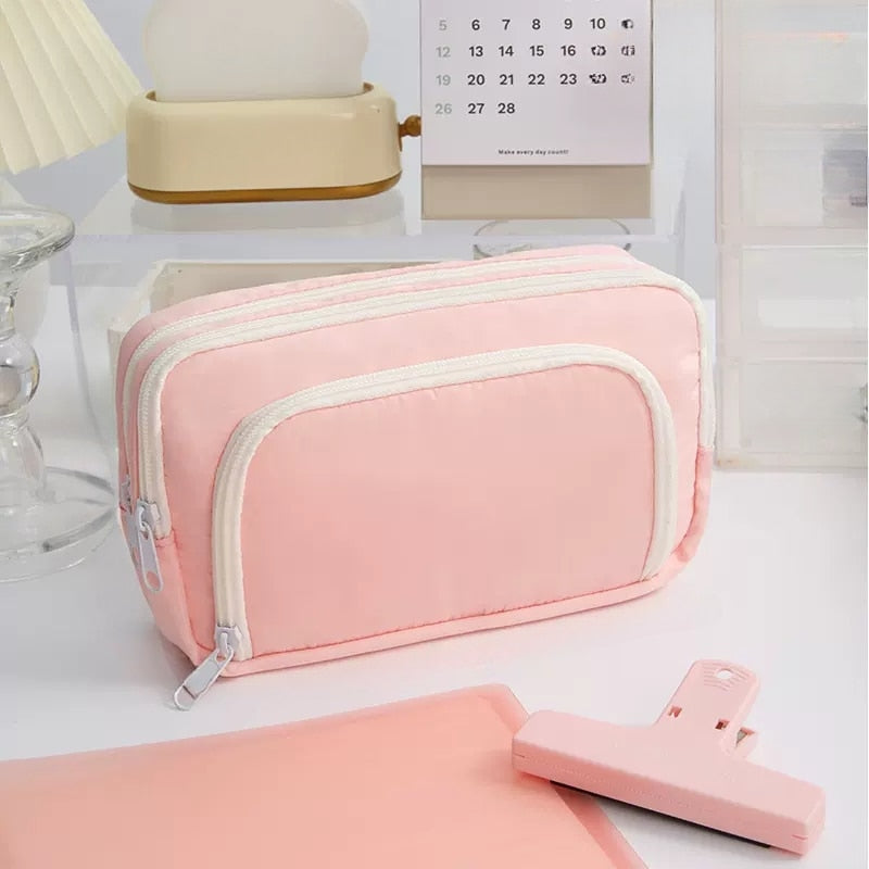 Realaiot Girl Pink Large Capacity Pencil Bag Aesthetic School Cases Girl Korean Stationery Holder Bag Pen Case Students School Supplies