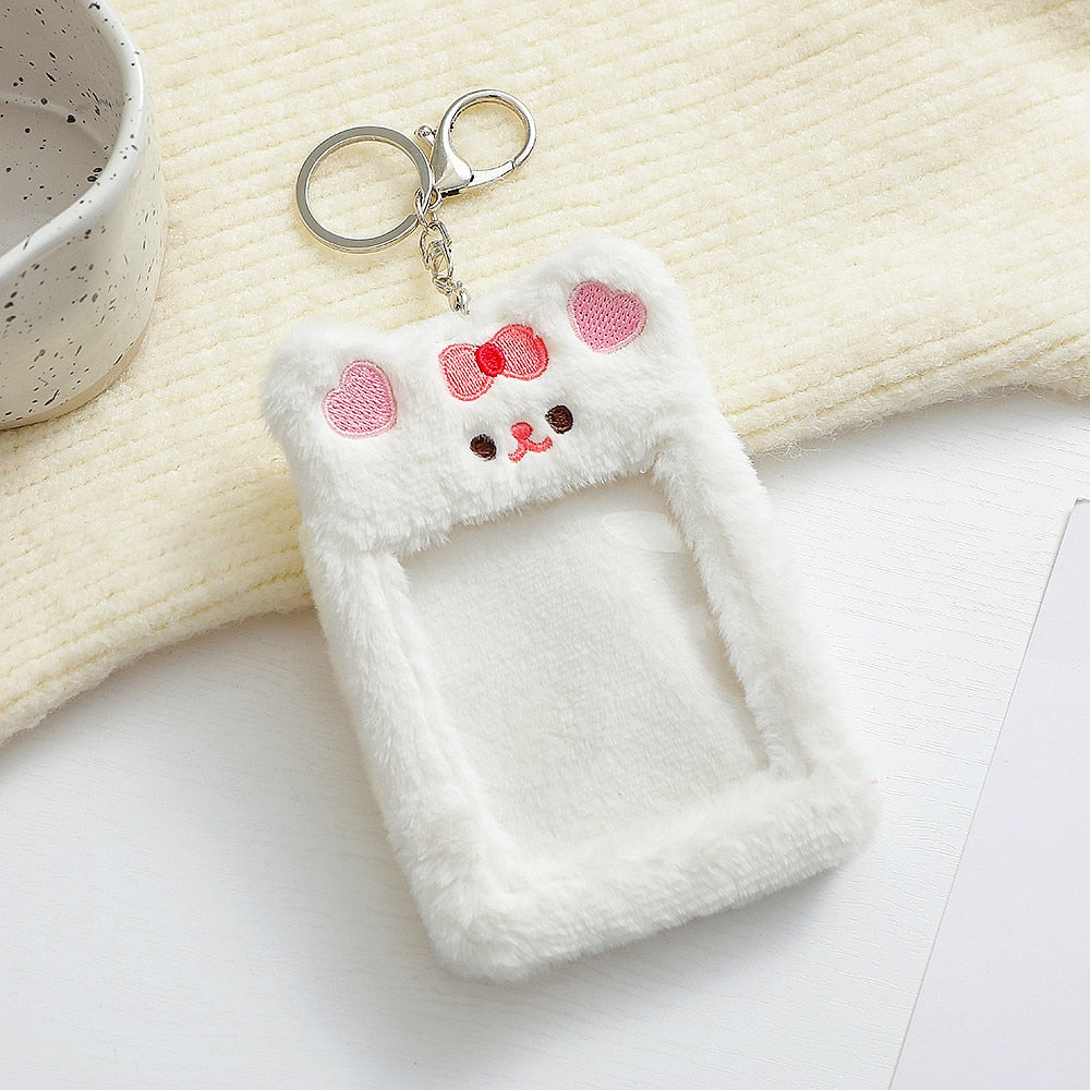 Realaiot Korea Cute Bear Rabbit Plush Photocard Holder Kawaii Kpop Idol Photo Sleeve Case ID Card Cover With Keychain Bag Pendant Decor