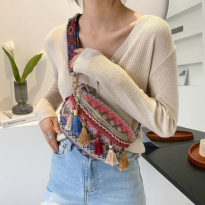 Realaiot Women Folk Style Waist Bags with Adjustable Strap Variegated Color Fanny Pack with Fringe Decor Pochete Feminina Ri?onera Belt