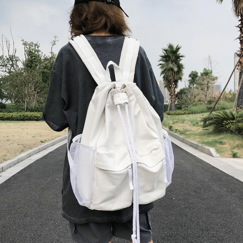 Realaiot Casual Canvas women backpack schoolbag harajuku Drawstring female Backpacks Large capacity laptop bag Travel Daypack bagpack