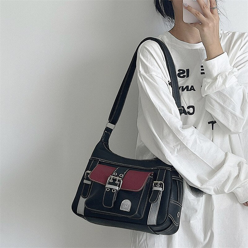 Realaiot Vintage High Quality PU Leather Shoulder Bag tote Women's Hip hop Messenger Bag Large Capacity Handbag Commuter Bag Female