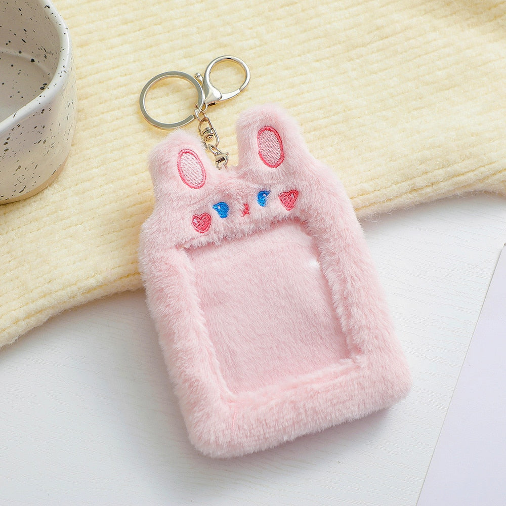 Realaiot Korea Cute Bear Rabbit Plush Photocard Holder Kawaii Kpop Idol Photo Sleeve Case ID Card Cover With Keychain Bag Pendant Decor