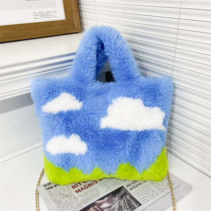 Realaiot Cute Soft Plush Women's Shoulder Bag Cartoon Sky Clouds Female Girls Small Tote Handbags Colorful Pattern Winter Messenger Bags