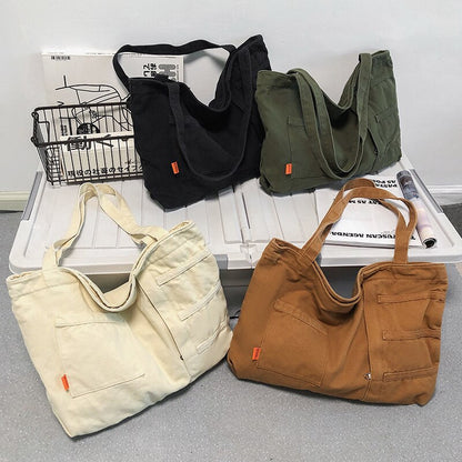 Cyflymder New Fashion Women Bag Large Capacity Casual Shoulder Bags Solid Color Daily Shopping Bags Canvas Students Schoolbag