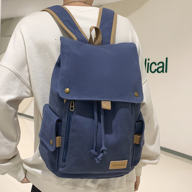 Realaiot Women's Fashion Beige Canvas Backpack Men's Contrast Travel Bag College Girl's Schoolbag Laptop Bag Student Mochila New