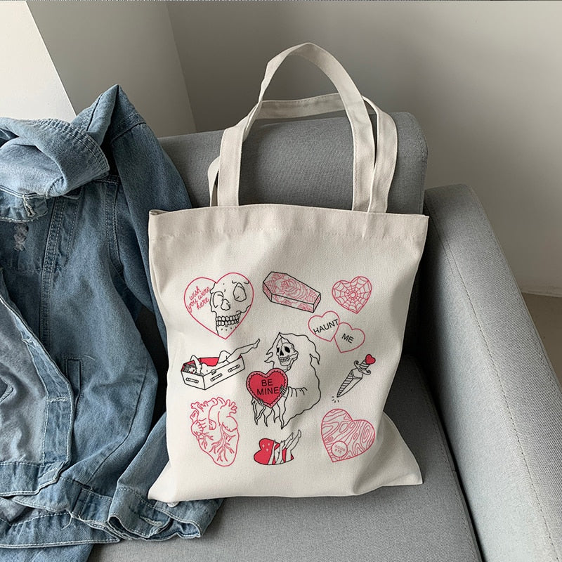 Realaiot Korea Ulzzang Ins Heart Harajuku Women Shoulder Bag Art Gothic School Bag Y2k Anime Canvas Bag Large Capacity Casual Shopper Bag