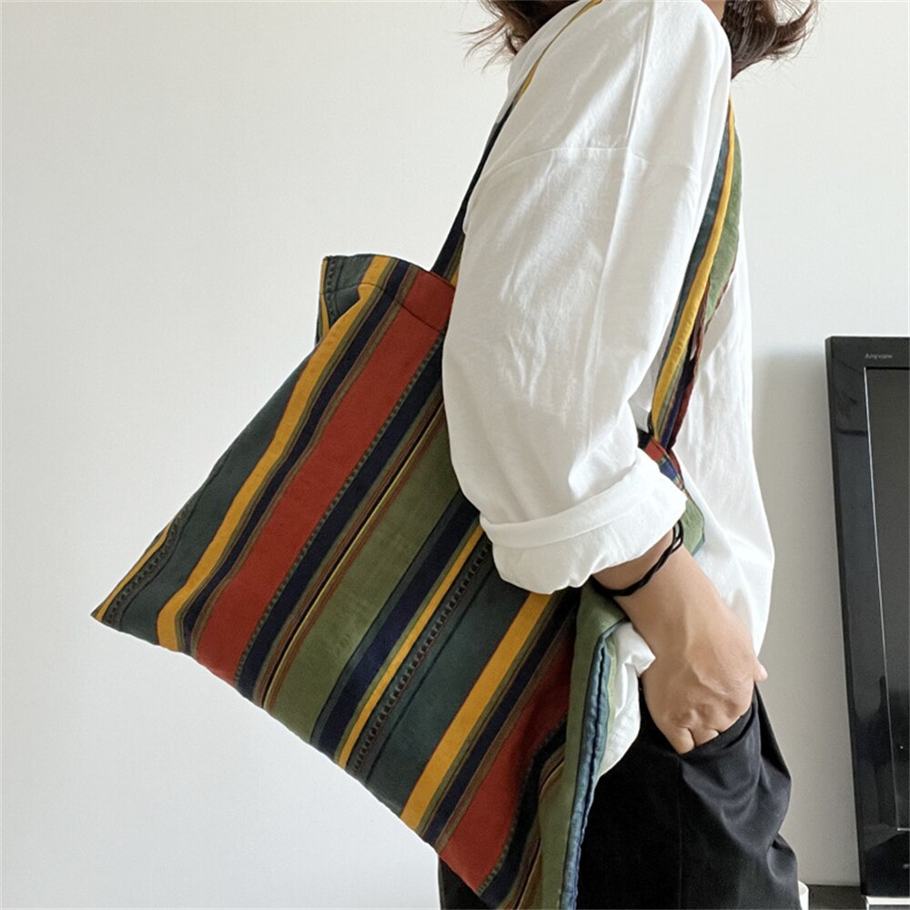 Cyflymder Retro Women's Canvas Shoulder Bag Rainbow Striped Linen Shopping Bag Eco Large Capacity Handbag Tote For Girls Christmas Gifts