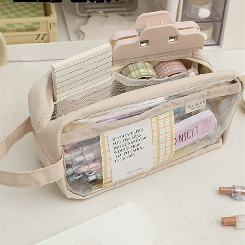 Realaiot Large Capacity Transparent Pencil Bag Aesthetic School Cases Children Stationery Holder Bag Pen Case Students School Supplies