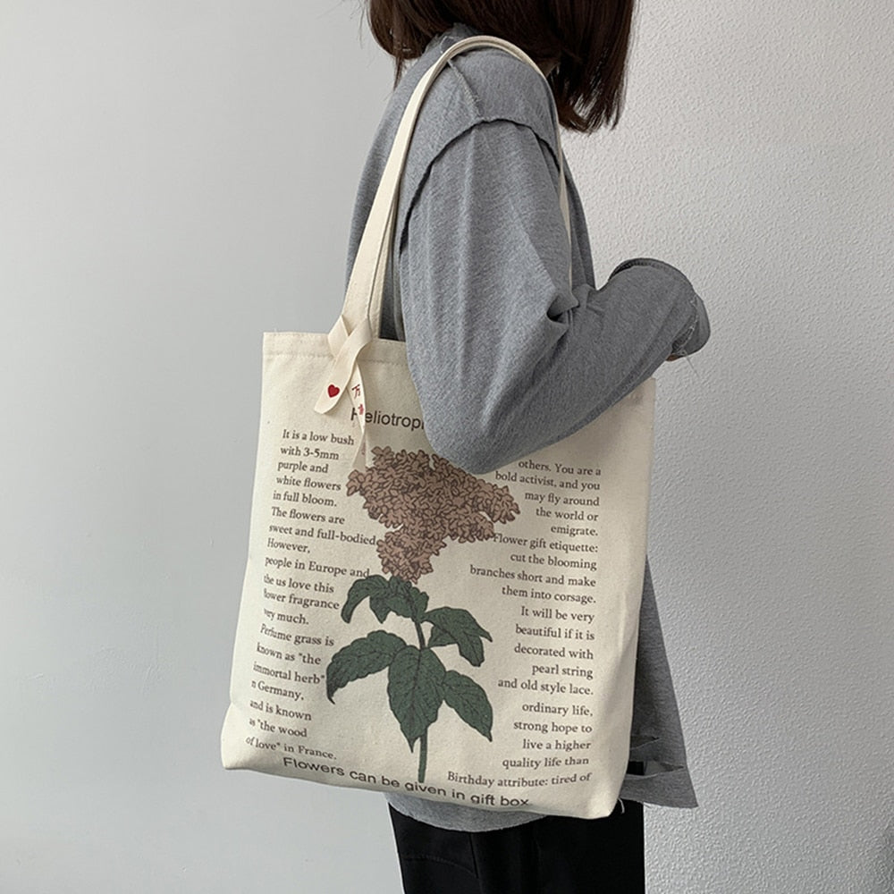 Realaiot Women's Style Canvas Shopping Bag Retro Simple Shoulder Illustration Flowers Tote Bag Pattern Printing Large Capacity Handbag