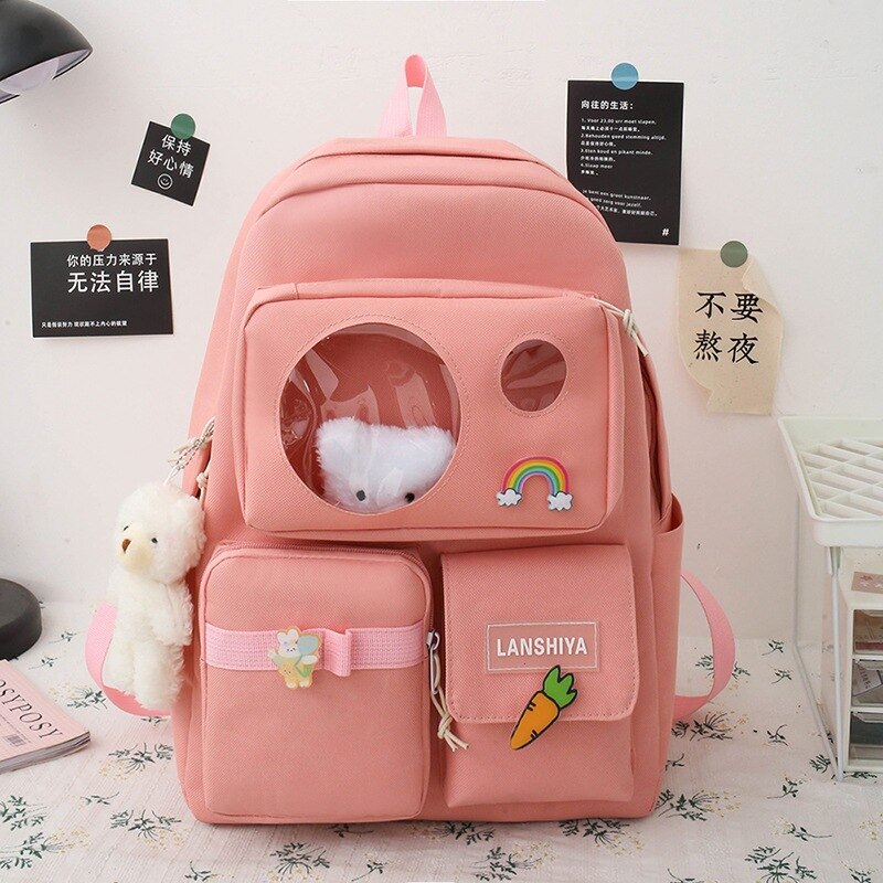 Realaiot 5 PCS Schoolbag Female New High School High-capacity Female Backpack Junior High School Pupil Backpack