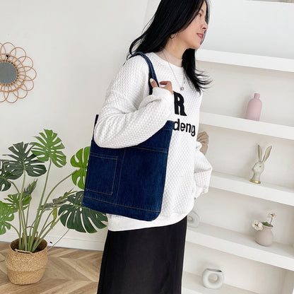 Realaiot Vintage Denim Splicing Shoulder Bag Fashion Student Class Bags Casual Large Capacity Canvas Tote Underarm Bag