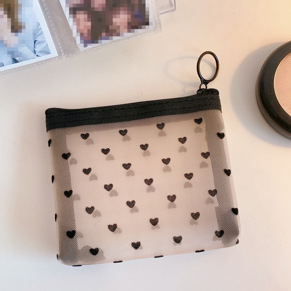 Realaiot Fashion Mesh Cosmetic Makeup Bags Case Holder Pouch Convenient To Carry Transparent Zipper Black Heart Printed Pencil Pen Case