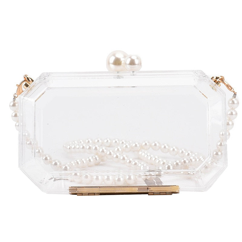 Realaiot Fashion Clear Acrylic Box Clutch Purse Women Transparent Handbag Plastic Barrel Shaped Bag Girl Party Bag with Pearl Chain