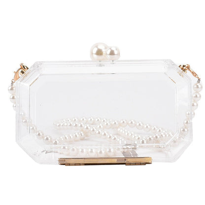 Realaiot Fashion Clear Acrylic Box Clutch Purse Women Transparent Handbag Plastic Barrel Shaped Bag Girl Party Bag with Pearl Chain