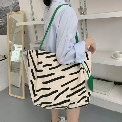 Realaiot Women Canvas Shoulder Bag Zebra Stripes Print Ladies Casual Handbag Tote Bag Large Capacity Cotton Reusable Shopping Beach Bag