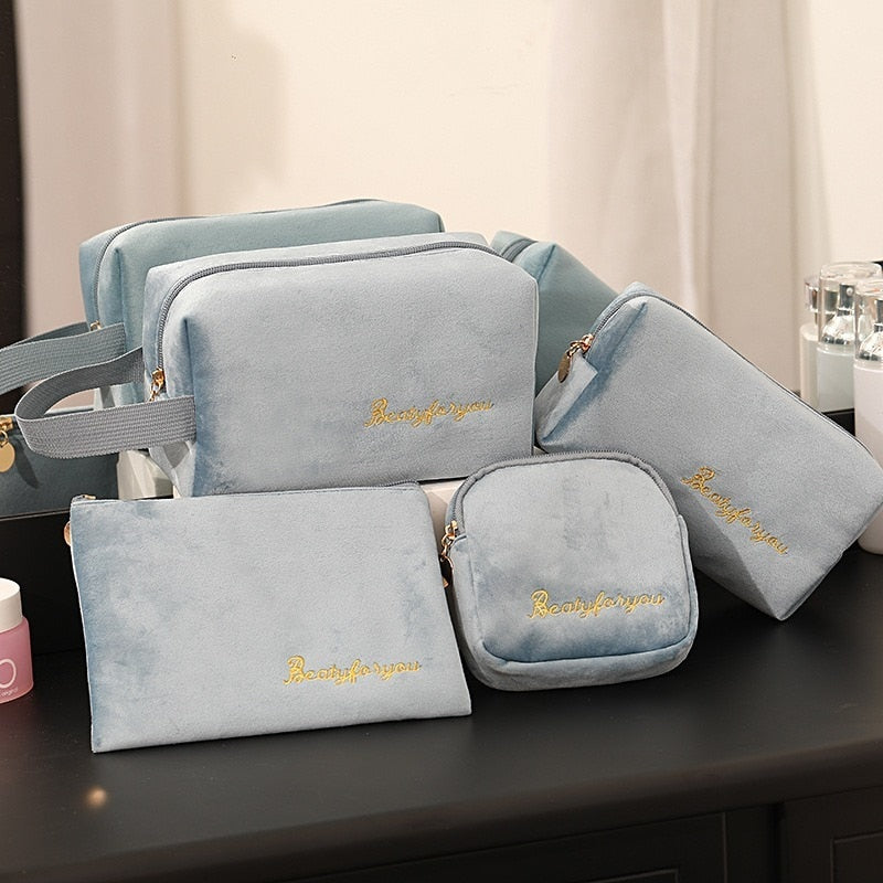 Realaiot 4pics Set Velvet Cosmetic Bag Ins Fashion Letter Embroidered Cosmetic Storage Bags Women Portable Travel Makeup Box