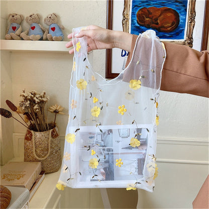 Realaiot Embroidered Light Clear Organza Jelly Tote Recycle Shopping Bag Shoulder Bags Female Daisy Eco Fruit Bag Sac Fourre Tout Femme