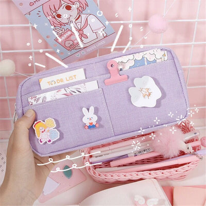 Realaiot Kawaii Pencil Case Candy Color Pencil Bag with Badges Large Capacity Pen Case Canvas Stationery Holder Organizer Back To School