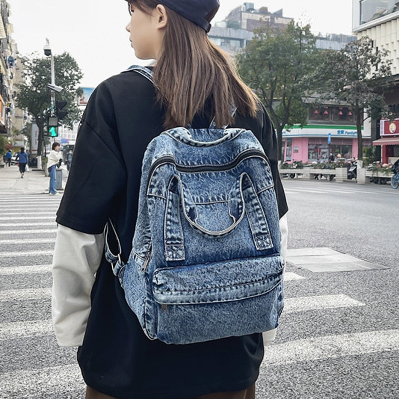 Cyflymder New Denim Women Backpack Retro Travel Bagpack Large Capacity Backbag College Student School Bags for Teenager Girls Rugtas