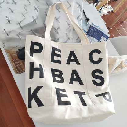 Realaiot Women Canvas Shoulder Bag Letter Printing Ladies Casual Handbag Tote Bag Large Capacity Cotton Reusable Shopping Beach Bag