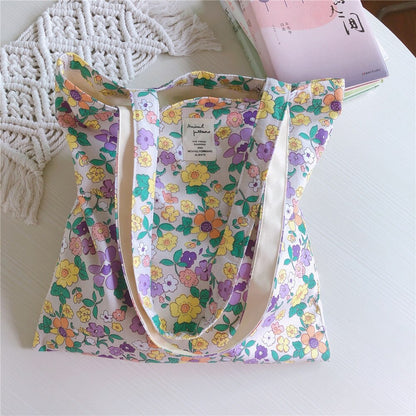 Realaiot Women Canvas Shopping Bag Floral Print Books Bag Female Cotton Cloth Shoulder Bag Eco Handbag Tote Reusable Grocery Shopper Bags