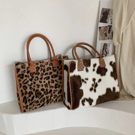 Realaiot Top-Handle Bags Retro Cow Leopard Print PU Leather Plush Design Autumn Winter Fashion Small Women Small Handbags