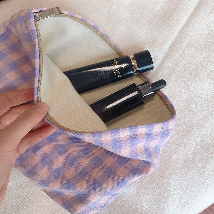 Realaiot Korean Plaid Cosmetic Makeup Bag For Women Cosmetics Organizer Pouch Large Woman Travel Toiletry Kit Bags Beauty Pencil Pen Case