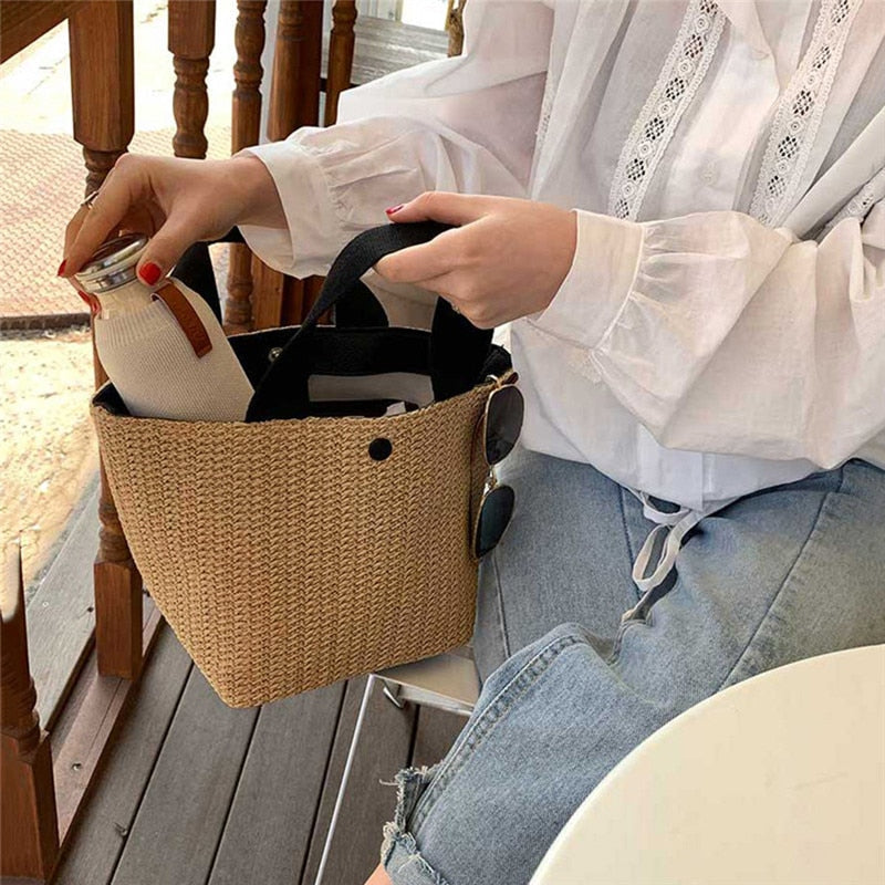 Realaiot Elegant Ladies Straw Woven Handbag Women Holiday Beach Casual Tote Top-Handle Bags Fashion Retro Shoulder Bags