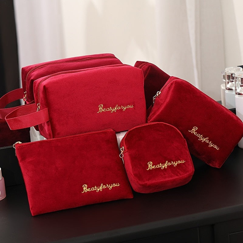 Realaiot 4pics Set Velvet Cosmetic Bag Ins Fashion Letter Embroidered Cosmetic Storage Bags Women Portable Travel Makeup Box